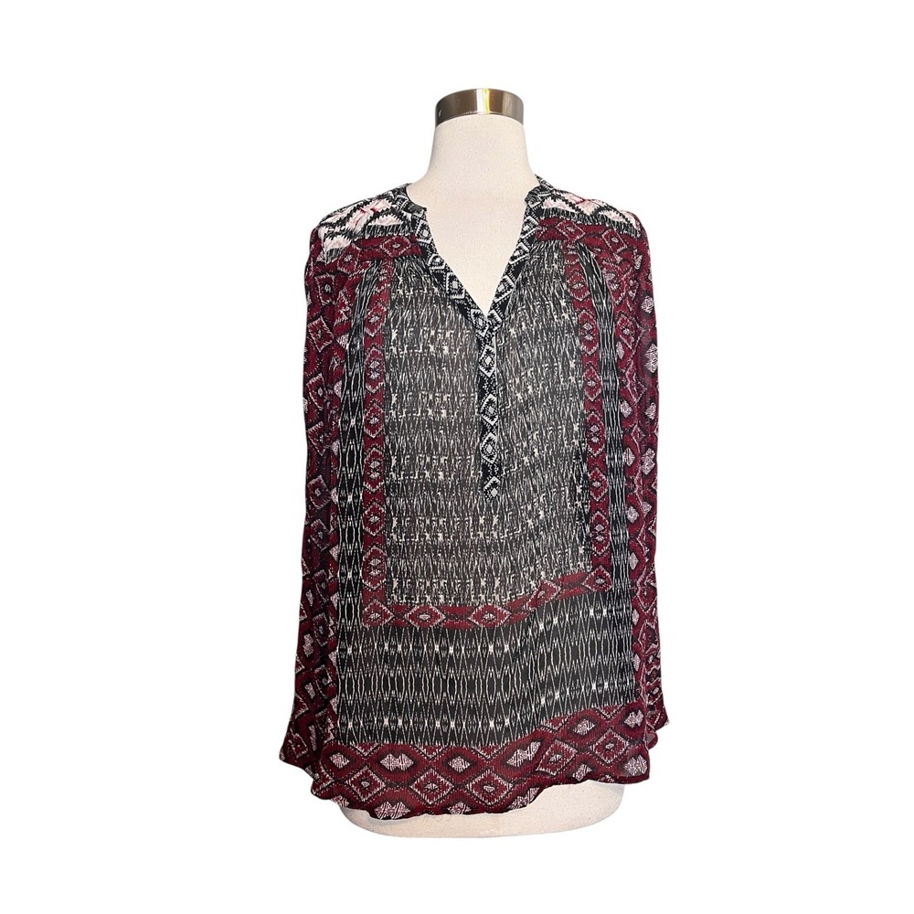 Lucky Brand Top L Red Black Blouse Peasant Style Boho Long Sleeve Popover